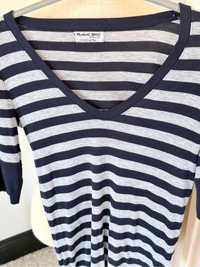 Michael Stars Navy and Light Heather Gray Striped V-Neck Tee